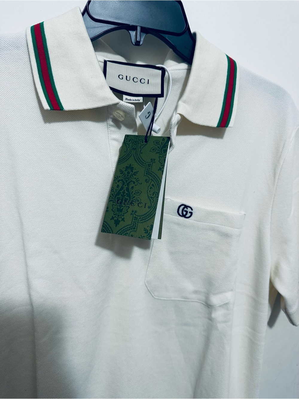 Gucci Cream Polo with Green and Red Stripe Collar